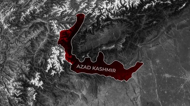 Azad Kashmir territory highlighted in red on a zoomed grayscale satellite map