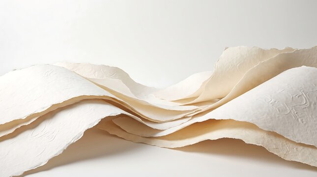 Wavy white handmade paper sheets stacked in flowing layers creates minimalist architectural background texture for artistic design projects and elegant creative displays.