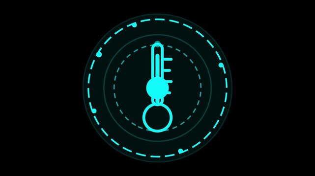 Neon blue futuristic thermometer icon glowing on a dark digital interface background representing technology and temperature