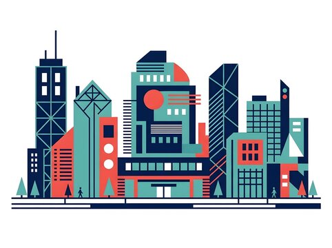 Modern city skyline illustration with colorful geometric buildings and skyscrapers on a clean white background