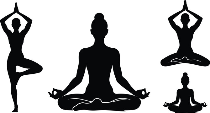 Yoga silhouette icon set illustration, meditation balance mindfulness flexibility posture vector art