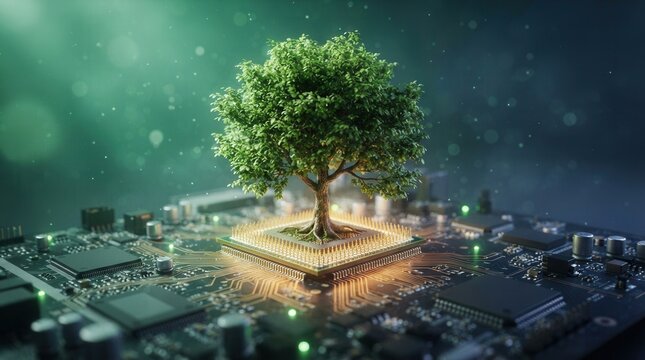 Fusion of nature and tech illustrated by a thriving green tree growing from a digital circuit board.