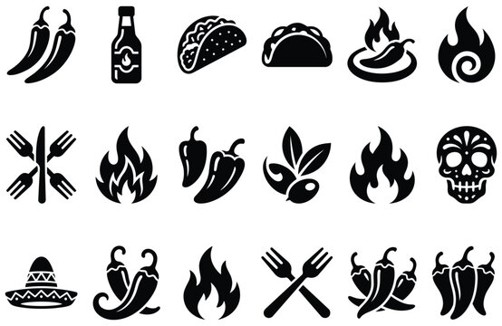 Spicy mexican food icons and fire symbols set for restaurant menu design featuring peppers tacos hats and skulls graphic.