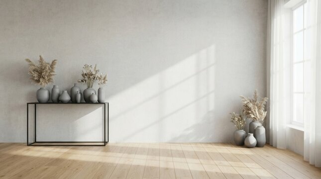 Light color wall interior of an empty room with grey vases, dry plants, and a black table.