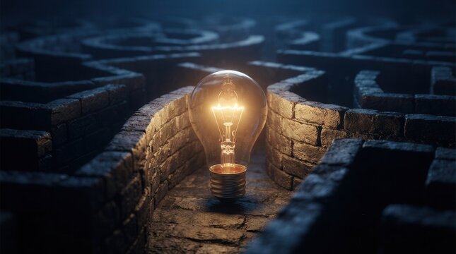 Bright illumination in a dark brick maze with a glowing light bulb, representing a pathfinding concept, solution, and idea inspiration.