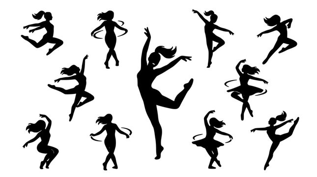 Dancers Performing Various Poses in Black Silhouettes Featuring Dancer, Silhouette, Ballet with Pose and Performance Elements