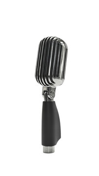 Classic silver retro dynamic microphone broadcast recording performance professional equipment communication technology metallic entertainment electronic instrument as cut out PNG