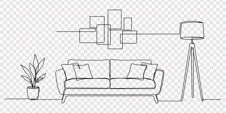 Modern living room doodle featuring a stylish sofa and plant, A modern living room interior design illustration featuring a couch with pillows, a window with curtains, potted plants, and a painting 