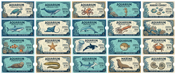Aquarium Tickets with Various Marine Life Illustrations - Vintage Style © Sumber