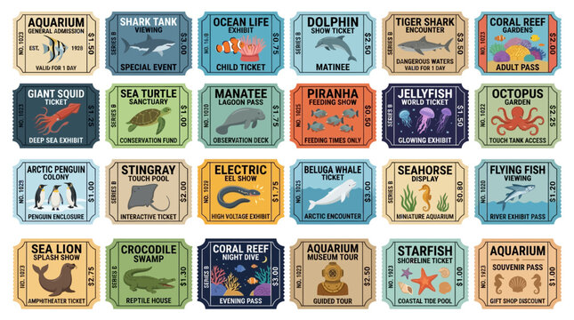Collection of Vintage Aquarium and Ocean Life Tickets for Various Attractions
