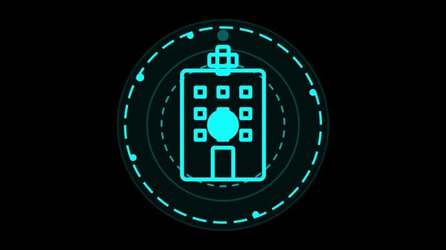 Futuristic neon hospital building icon glowing in a high tech digital interface hud radar display against a dark black background