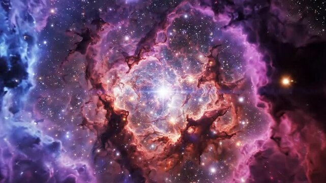 Deep space nebula and glowing star cluster cinematic background, vibrant cosmic gas clouds and distant spiral galaxy in infinite universe