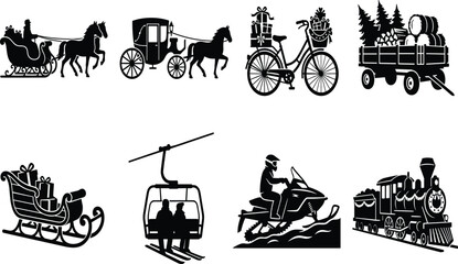 Obraz premium Art & Set of black silhouette icons featuring winter transport, sleighs, carriages, and holiday vehicles