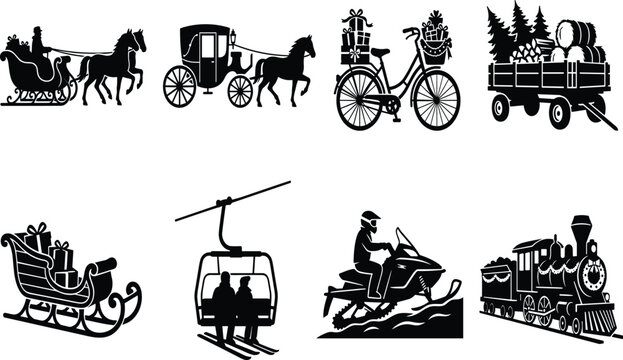 Art & Set of black silhouette icons featuring winter transport, sleighs, carriages, and holiday vehicles