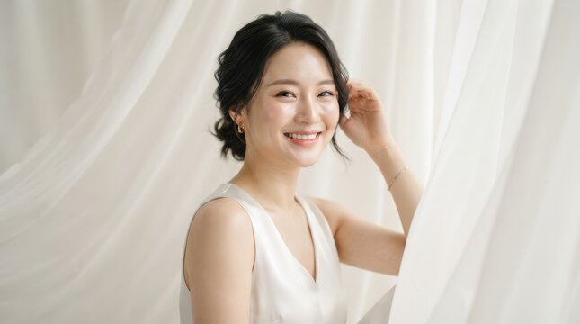 Portrait of a beautiful young asian woman smiling in a bright studio