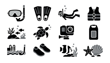Black and white icons of scuba diving and marine life equipment. © penguasa