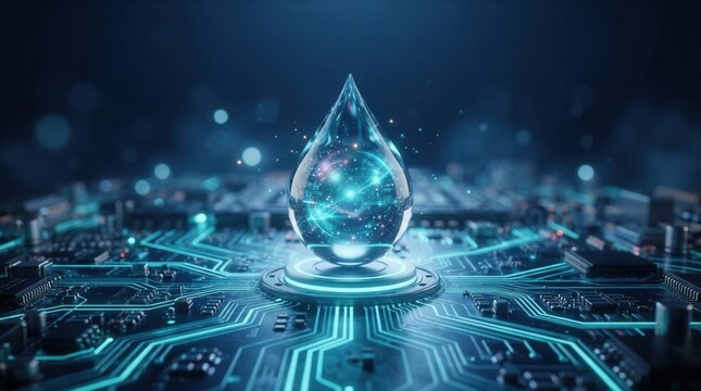 Digital networks and data flow symbolized by a water drop resting on a futuristic tech circuit board.