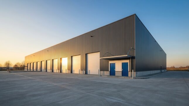 Modern industrial warehouse building with roller doors and metal exterior during golden hour