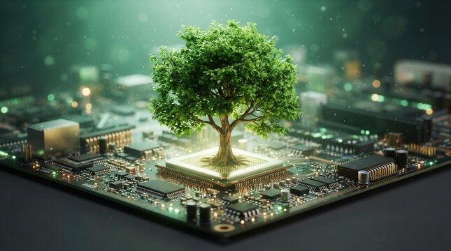 Digital illustration showing the balance between the ecosystem and electronic world with a thriving green tree growing from a circuit board.