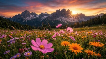 Fototapeta premium Colourful flowers in meadow bloom in a wildflower field during sunset at mountain range.