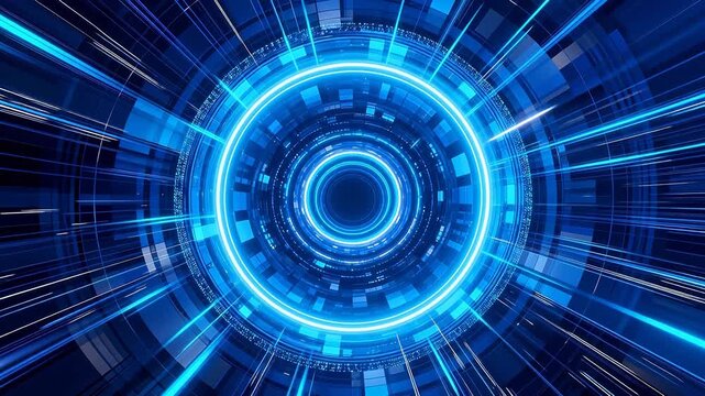 Blue neon tunnel with circular patterns