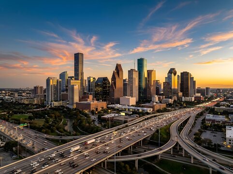 Aerial view of the modern downtown houston skyline with highway traffic during a beautiful golden hour sunset