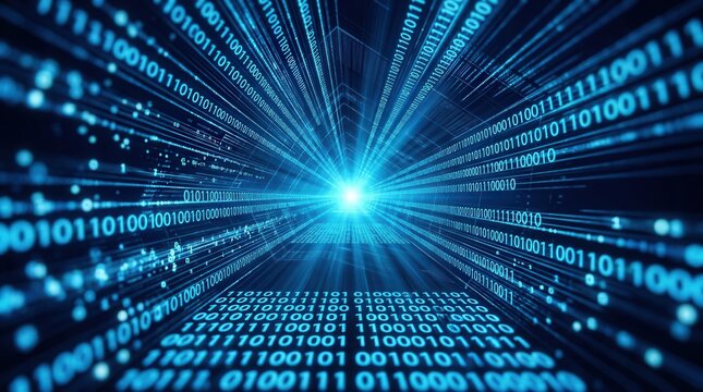 Dynamic rapid data stream and blue lines of binary code in a digital abstract pattern.