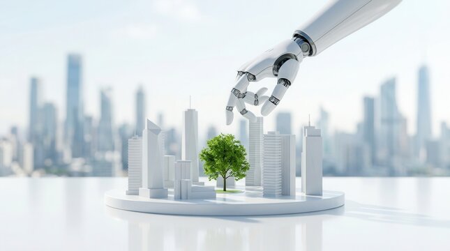 Eco friendly smart city model being built by a robot arm as part of futuristic urban planning and sustainable development.