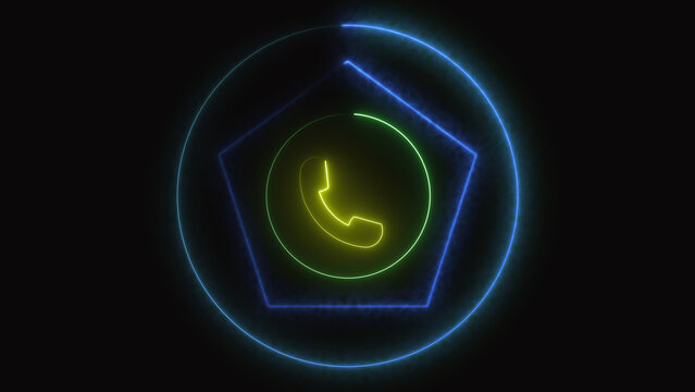 Telephone icon elements align blue neon communication vectors inside concentric pentagon border loops. Corporate network telecommunication interface layouts handle profile routing using this graphic.