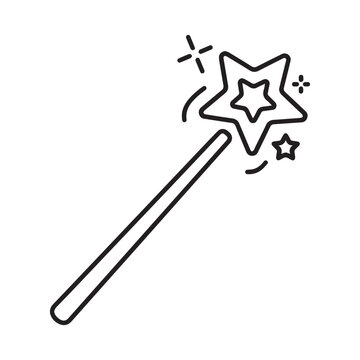 Black and white line of a magic wand with a star tip and small sparkling star accents sparkle fairy