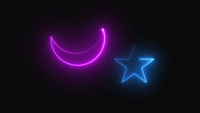 Crescent moon shapes pair blue neon lunar boundaries with simple star graphics over black. Meditative bedtime video creation toolkits utilize this elegant cosmic crescent moon layout card.