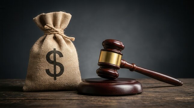 A wooden judge gavel and money bag with dollar sign on a table symbolizing law, justice, and financial court decisions.