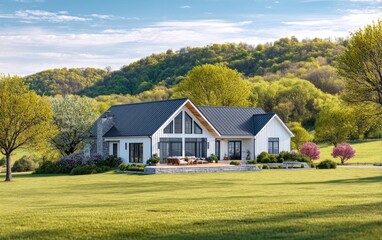 Obraz premium Modern white house with dark roof nestled in lush green landscape and rolling hills under blue sky
