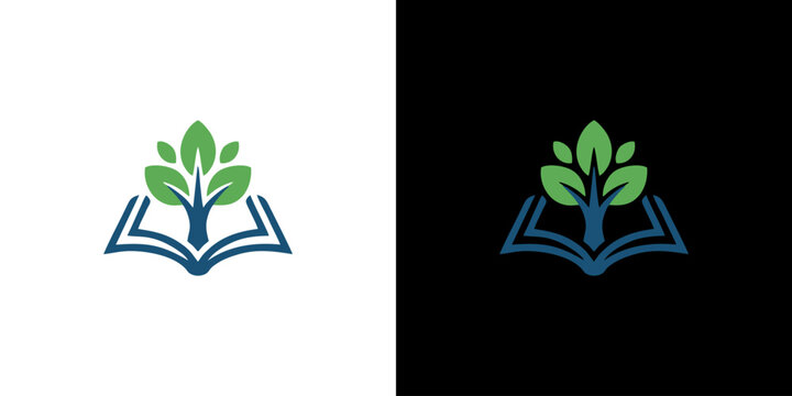 Education and nature concept logo design featuring a growing tree with green leaves emerging from an open book symbol on light and dark backgrounds
