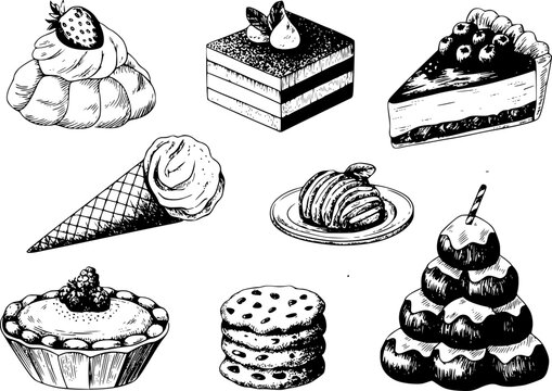 Una colecci&oacute;n de dibujos a mano con varios postres deliciosos, pasteles, reposter&iacute;a y golosinas dulces