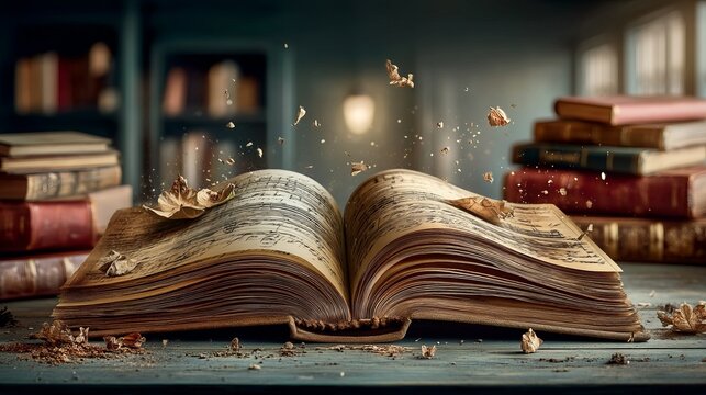 Open old book with flying dry paper leaves in vintage library setting