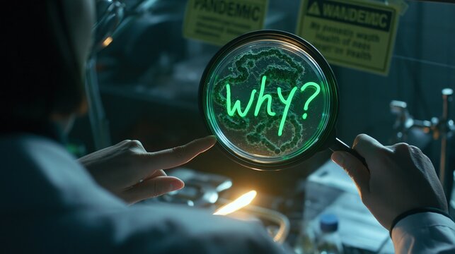Person examining glowing word why