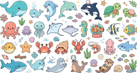 Obraz premium Cute Ocean Animal Illustration Set with Whales, Dolphins, Fish, Octopus, Turtle, Coral, and Sea Life Cartoon Vector Collection