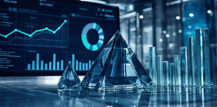 Transparent glass pyramid financial charts and digital business analytics background with business analytics dashboard visualization corporate investment strategy performance management