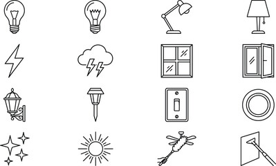 Fototapeta premium Household Electric Lighting Architecture Window Installation and Cleaning Service Line Art Icon Set