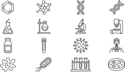 Naklejka premium Science Laboratory Biology Research Medicine and Genetic Biotechnology Chemical Vector Line Art Icons