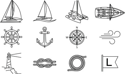 Nautical Sailing Vessel Maritime Navigation Anchor Compass and Lighthouse Travel Line Art Icons © MstBabli