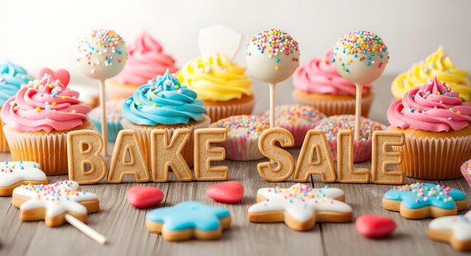 Bake sale sign made of cookies with decorated cupcakes on wooden table