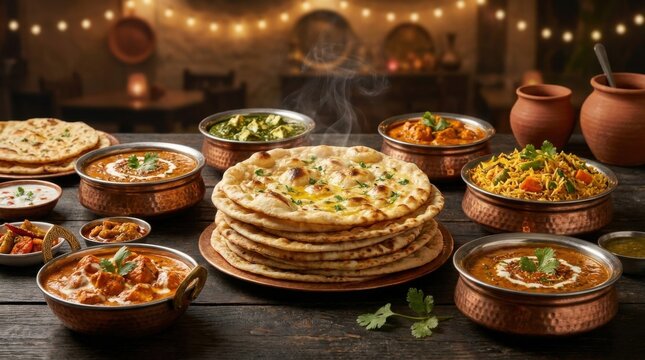 Traditional indian food feast with naan bread and various curries