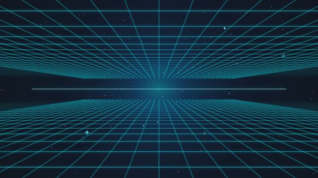 Retro synthwave 80s motion graphic background with glowing blue neon grid lines loop.