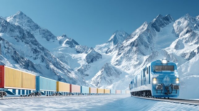 Freight train moving through snowy mountain landscape under clear blue sky