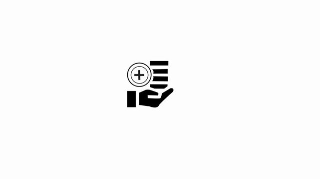 Black and white hand holding stack of coins with plus sign icon a flat illustration of a next to circular symbol, symbolizing