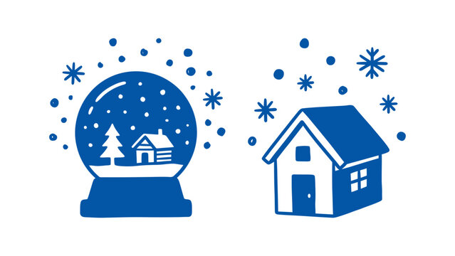 Blue hand-drawn winter icons of a snow globe and a cozy house with falling snowflakes vector illustration for holiday design