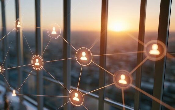 Digital social network connection concept with sunlit city background and interface