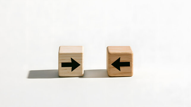 Two wooden blocks with opposing arrow symbols on a light white background, exchanging and changing under soft daylight, represent a simple concept of direction transfer, swap, or flow